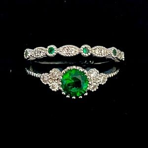Emerald & White Crystal Silver Ring